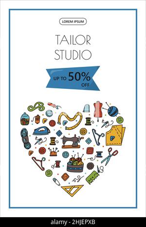 Vector Doodle Nähen Banner. Vector Nähgeschäft Verkauf, Schneider Studio, Anzeigen. Nähen Schaufensterpuppe, Maschine, Mess-und Schneidbedarf, Black Outline Stock Vektor