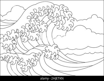 Eine japanische Great Wave Outline Malbuch-Seite Stock Vektor