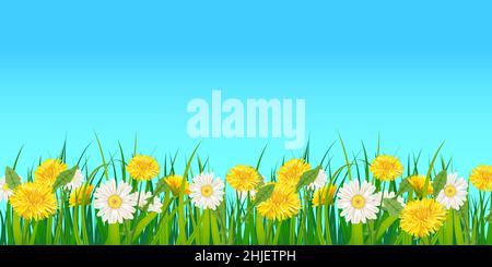 Frühling Schablone Hintergrund mit Blumen-Dandelionen und Gänseblümchen, Kamillen, Gras. Vektorgrafik. Frisches Design für Poster, Flyer, Grußkarten Stock Vektor