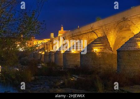 CORDOBA ANDALUCIA SPANIEN DIE BELEUCHTETE RÖMISCHE BRÜCKE ÜBER DEN GUADALQUIVIR-FLUSS BEI NACHT Stockfoto