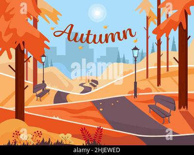 Herbstpark mit Bänken und Laternen. Nadelwald. Bunte Landschaft auf einem Stadthintergrund. Vektorgrafik. Stock Vektor