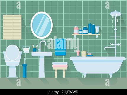Badezimmer mit Möbeln und langen Schatten. Vektorgrafik im flachen Stil. Stock Vektor
