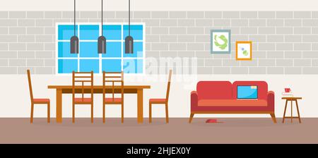 Wohnzimmer und Esszimmer mit Möbeln. Vektorgrafik im flachen Stil. Stock Vektor