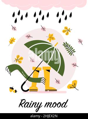 Helle Herbstkarte. Regenschirm, Gummistiefel, Regentropfen und Herbstblätter. Vektorgrafik im flachen Stil. Stock Vektor