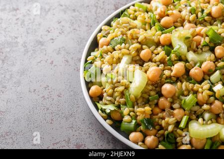 Traditioneller Salat mit Freeh, Kichererbsen, Sellerie, Minze, Zwiebel und Koriander in Nahaufnahme auf einem Teller auf dem Tisch. Horizontal Stockfoto