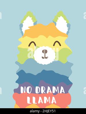 Schillernde Lama-Illustration mit witzigen Zitat ''No Drama Lama'' auf Karte, Einladung, Kinderzimmer, Geschenke, etc. Modernes exotisches Design für Papier, Cover Stock Vektor