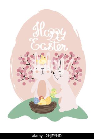 Vektor-Illustration von niedlichen Hasen mit hellen Eiern und kleinen Hühnern. Frohe Ostern Grüße Text. Design für Web, Website, Banner, Poster, Karte Stock Vektor