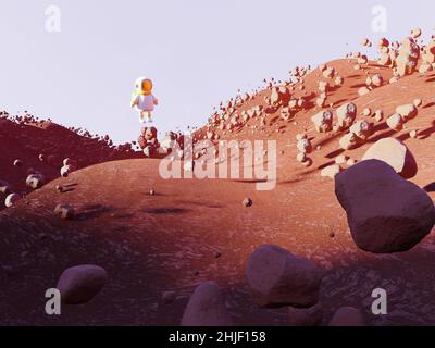 3D Darstellung eines weißen, Cartoon-Astronauten, der mit Steinen auf den roten Planeten fliegt, niedrige Schwerkraft. Interstellare Reisen, Raumbesiedlung Stockfoto