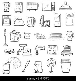 Handgezeichnete Haushaltsgeräte für Zuhause Icon Set in Doodle-Stil isoliert. Stock Vektor
