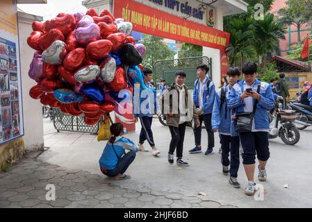 Ein Ballonverkäufer mit herzförmigen Ballons wartet am Valentinstag vor einer Schule in Hanoi, Vietnam, Südostasien Stockfoto