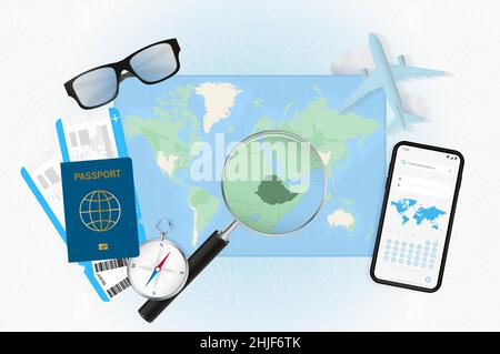 Konzeptionelle Illustration einer Reise nach Äthiopien mit Reiseausrüstung. Weltkarte mit Kompass, Pass, Tickets, Handy, Flugzeug und Glas. Stock Vektor