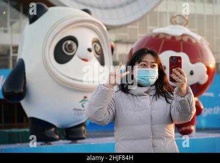 Peking, China. 29th Januar 2022. Ein Besucher macht ein Selfie mit dekorativen Installationen zum Thema der Olympischen Winterspiele 2022 in Peking am Bahnhof Yanqing im Bezirk Yanqing in Peking, der Hauptstadt Chinas, am 29. Januar 2022. Quelle: Ren Chao/Xinhua/Alamy Live News Stockfoto