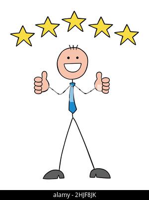 Stickman Geschäftsmann ist glücklich und gibt dem Service oder Produkt, das er als Kunde erhält, 5 Sterne und zeigt Daumen nach oben. Handgezeichnete skizzieren Cartoon vecto Stock Vektor