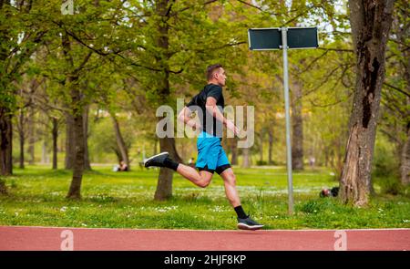 Junge Malae laufen gemeinsam im Freien in einer wunderschönen Landschaft. Trailrunner-Männchen trainieren für den Marathonlauf im Park Stockfoto