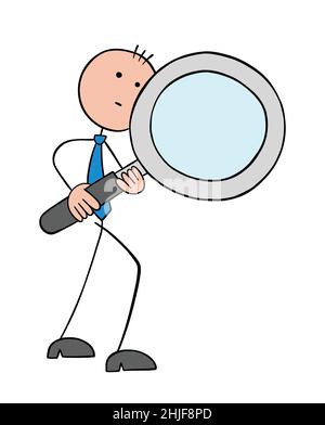 Stickman Geschäftsmann hält Lupe und untersucht. Handgezeichnete Skizze Cartoon Vektor Illustration. Stock Vektor