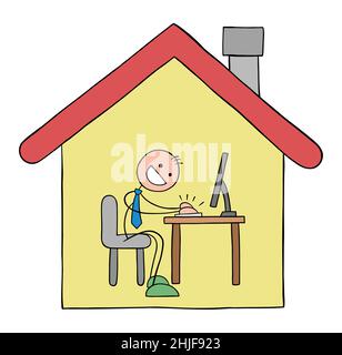 Stickman Geschäftsmann arbeitet von zu Hause aus mit Computer. Handgezeichnete Skizze Cartoon Vektor Illustration. Stock Vektor