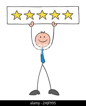 Stickman Geschäftsmann glücklich und gibt 5 Sterne an den Service oder das Produkt, das er als Kunde erhält. Handgezeichnete Skizze Cartoon Vektor Illustration. Stock Vektor