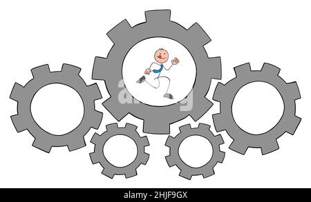 Der Geschäftsmann Stickman läuft in der Spinnmaschine. Handgezeichnete Skizze Cartoon Vektor Illustration. Stock Vektor