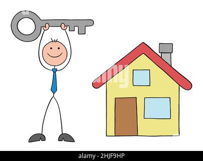 Der Geschäftsmann Stickman hat ein Haus gekauft und hält den Schlüssel hoch. Handgezeichnete Skizze Cartoon Vektor Illustration. Stock Vektor