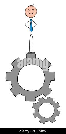 Stickman Geschäftsmann glücklich und stand auf Zahnrädern. Handgezeichnete Skizze Cartoon Vektor Illustration. Stock Vektor