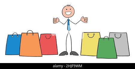 Stickman Geschäftsmann in der Nähe von Einkaufstaschen, Einkaufsmöglichkeiten und glücklich. Handgezeichnete Skizze Cartoon Vektor Illustration. Stock Vektor