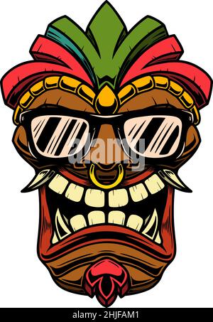 Illustration der Tiki-Maske in Sonnenbrillen. Für T-Shirt, Poster, Karte, Banner, Logo. Vektorgrafik Stock Vektor