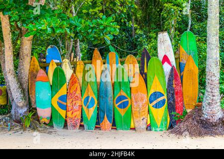 Bunte Surfbretter mit brasilianischer Flagge am herrlichen Mangrovenstrand und Pouso Strand auf der großen tropischen Insel Ilha Grande Rio de Janeiro Brasilien. Stockfoto