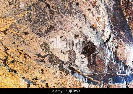 Alte Felszeichnungen am Ufer des Onega-Sees. Geschnitzt auf einer Granitplatte. Kap Besov Nos, Karelien, Russland - 15. August 2021. Stockfoto