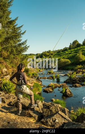 Eine asiatische weibliche Fliegenfischer Frauen, die Watvögel tragen und eine Rute halten und suchen, wo sie auf einem Fluss fischen können Stockfoto