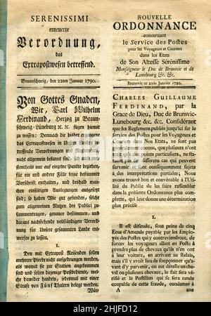 Europa, Deutschland, Niedersachsen, Braunschweig, Herzogtum zu Braunschweig-Lüneburg, Verordnung des Extrapostwesens ( Reisen mit der Postkutsche per Extrapost ) , im Namen des Carl Wilhelm Ferdinand, Herzog zu Braunschweig-Lüneburg, ausgestellt am 22. Januar 1790 , Größe des Originaldokumentes : 20,7 cm x 32,5 cm , 15 bedruckte Seiten . / Europa, Deutschland, Niedersachsen, Braunschweig , Herzogtum Braunschweig-Lüneburg , Verordnung der Post, die Reise mit einer Postkutsche, im Namen des Herzogs Carl William Ferdinand von Braunschweig-Lüneburg, veröffentlicht am 22. januar 1790, Größe t Stockfoto