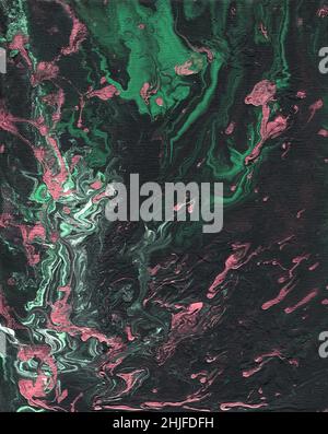 Flüssige Kunst. Abstrakter schwarz-rosa-grüner Hintergrund mit handbemalter Marmorstruktur. Am besten für den Druck, Stoff, Poster, Tapeten, Cover und Verpackungen, Geschenkpapier. Weihnachtsstimmung. Stockfoto