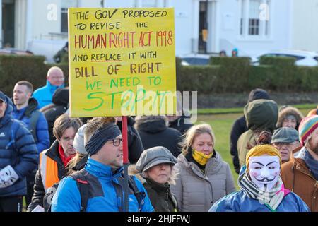 Ayr, Großbritannien. 29th Januar 2022. Mehrere hundert Demonstranten kamen auf dem Wellington Square im Zentrum von Ayr zu einer Demonstration gegen die Regierung, die Einschränkungen der individuellen Freiheiten auferlegte, insbesondere das Tragen einer Gesichtsmaske und die Notwendigkeit, gegen Covid 19 geimpft zu werden. Kredit: Findlay/Alamy Live Nachrichten Stockfoto