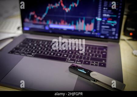 Auf einem Laptop befindet sich eine Hardware-Geldbörse Stockfoto