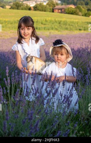 Schönes kleines Mädchen in einem Lavendelfeld in Italien Stockfoto