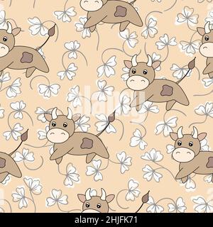 Vektor flache Tiere bunte Illustration für Kinder. Nahtloses Muster mit niedlichen Stier und Blumen auf beigem Hintergrund. Cartoon liebenswert Charakter Stock Vektor