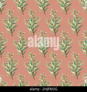 Aquarell grün nahtloses Muster, florale Textur auf rosa Stockfoto