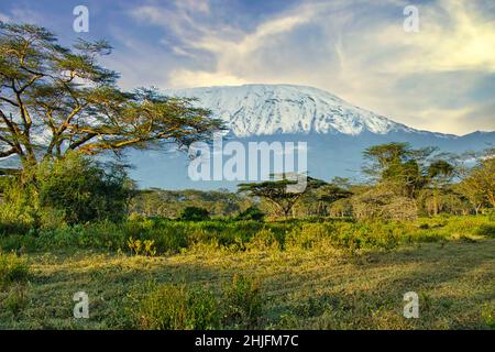 Bilder vom schneebedeckten Kilimandscharo in Kenia Stockfoto