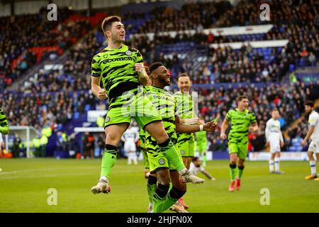 Birkenhead, Großbritannien. 29th Januar 2022. Regan Hendry von Forest Green Rovers feiert das dritte Tor während des zweiten Spiels der Sky Bet League zwischen Tranmere Rovers und Forest Green Rovers im Prenton Park am 29th 2022. Januar in Birkenhead, England. (Foto von Tony Taylor/phcimages.com) Quelle: PHC Images/Alamy Live News Stockfoto