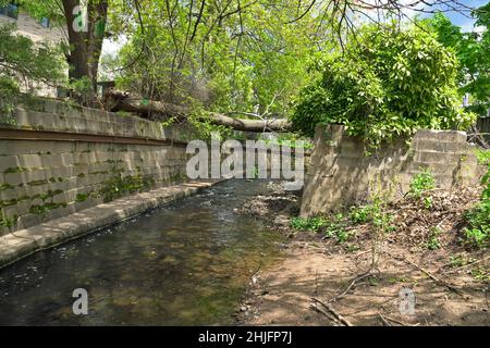 Wunderschöner Bach, kleiner Fluss, fließender Bach, steinerner Kanal mit Reflexen im Wasser, grünem Gras, Efeu, heruntergefallenen Bäumen und Bäumen. Stockfoto