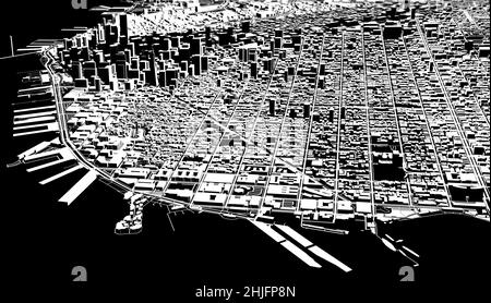 Satellitenansicht von San Francisco, Stadtplan mit Haus und Gebäude. Silhouette, schwarz und weiß. Wolkenkratzer. Usa. 3D Rendern Stockfoto