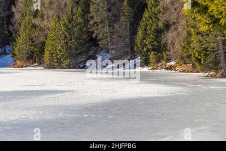 Naturkulisse rund um einen See namens Felixer Weiher in Südtirol zur Winterzeit Stockfoto