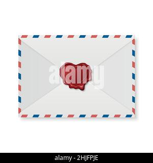 Vector 3D realistischer Vintage herzförmiger roter Stempel, Wachsversiegelung, weißer Papierumschlag. Siegelwachs, Stempel, Etikett für Qualitätszertifikat, Dokument Stock Vektor