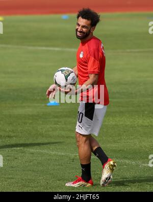 Kamerun, Yaounde, 29. Januar 2022. Mohamed Salah aus Ägypten beim Training vor dem Viertelfinalspiel zwischen Ägypten und Marokko beim Africa Cup of Nations im Trainingsgelände Olembe Stadium. Kredit: Sebo47/Alamy Live Nachrichten Stockfoto