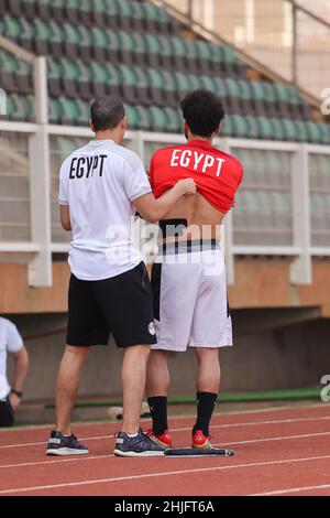 Kamerun, Yaounde, 29. Januar 2022. Mohamed Salah aus Ägypten beim Training vor dem Viertelfinalspiel zwischen Ägypten und Marokko beim Africa Cup of Nations im Trainingsgelände Olembe Stadium. Kredit: Sebo47/Alamy Live Nachrichten Stockfoto