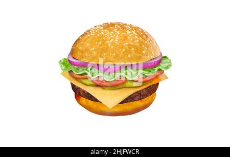 Vektorzeichnung eines Hamburgers mit Käse, Tomaten, Hacken, Salat, Zwiebel, Gurke. Abbildung für die Gestaltung von Fast Food-Menüs. Isolierte Hamburger-Symbole Stock Vektor