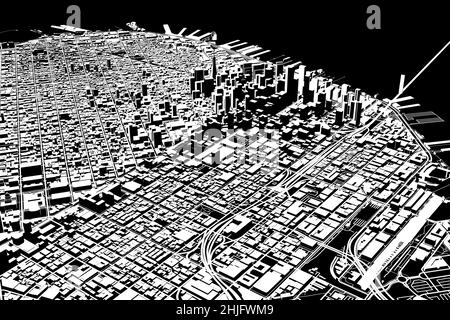 Satellitenansicht von San Francisco, Stadtplan mit Haus und Gebäude. Silhouette, schwarz und weiß. Wolkenkratzer. Usa. 3D Rendern Stockfoto