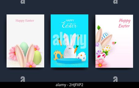 Osterset mit Grußkarten, Weihnachtsumschläge, Plakaten, Flyern im realistischen 3D-Stil mit ostereiern und Keramikhase. Modernes minimalistisches Design für Stock Vektor