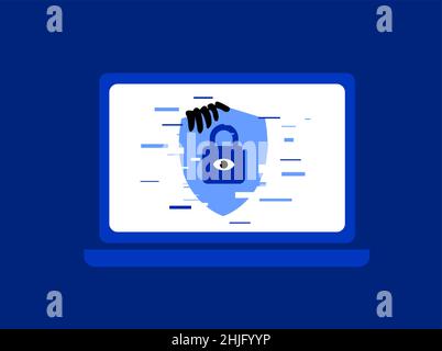 Cyber-Sicherheit, die von Hackern angegriffen wird, führt zu Sicherheitsproblem, Illustration über Cyber-Privatsphäre im Glitch-Stil Stock Vektor