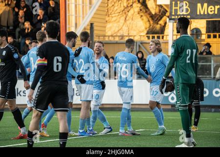 Malmoe, Schweden. 28th Januar 2022. Jo Inge Berget (32) von Malmoe FF punktet bei einem Testspiel zwischen Malmoe FF und Jammerbugt FC bei Malmoe Idrottsplats in Malmoe. (Foto: Gonzales Photo/Alamy Live News Stockfoto