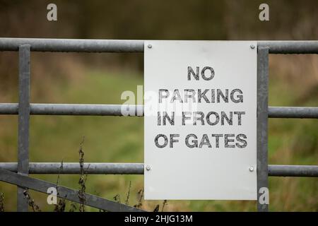 Weißes Schild ohne Parkplatz vor den Toren an einem Metalltor Stockfoto